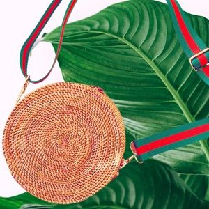 New Round Hand Woven Raffia Rittan Crossbody / Belt Bag w. Iconic Striped Adjust